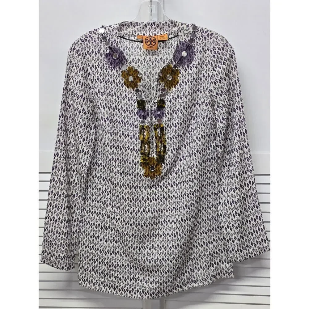 Tory Burch Embellished V-Neck Long Sleeve Tunic Top Shirt Blouse Size 4 NWOT
